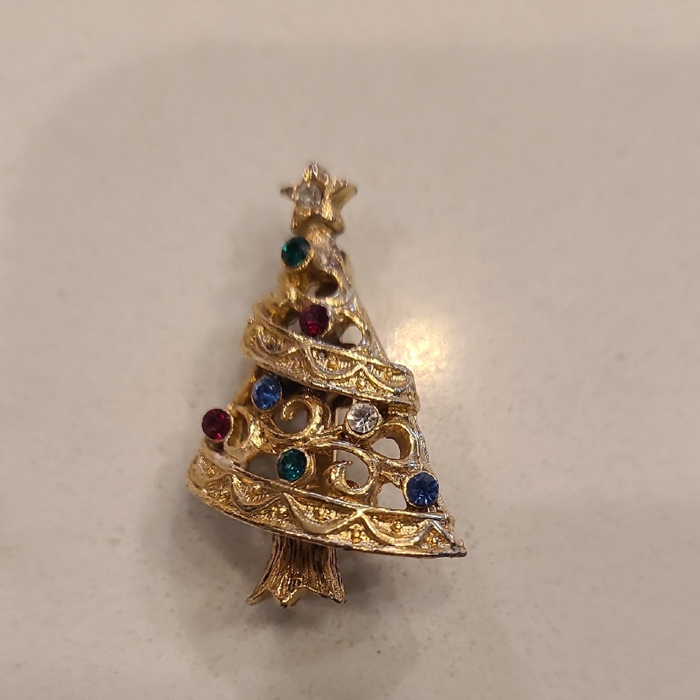 Gold Christmas Tree Brooch with Multicolor Accents